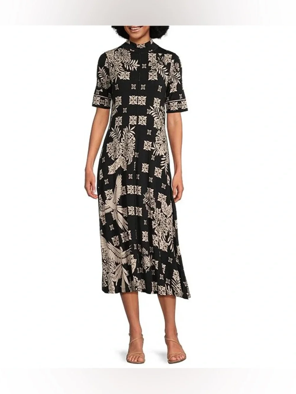 Johnny Was The Janie Favorite Short Sleeve Seamed Mock Neck Printed Midi Dress